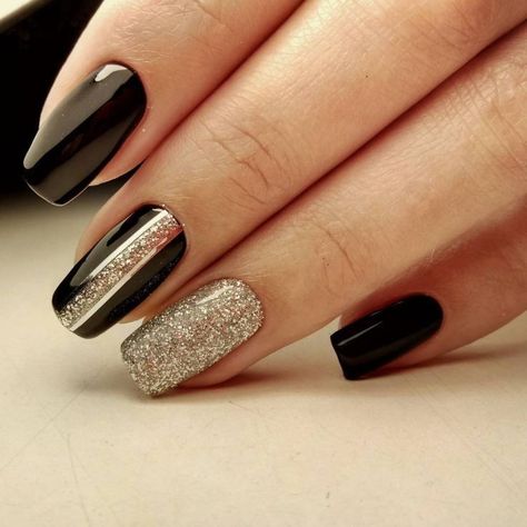 Black nails with silver glitter and vertical striping accents.  #nails #nailart #sparklenails #naildesigns ― re-pinned by Breanna L. ~Follow me and never miss a new nail design!~ Tape Nail Designs, Nailart Ideas, Purple Glitter Nails, Gold Nail Polish, Fall Gel Nails, Silver Nail, New Nail Designs, Gold Nail, Her Nails