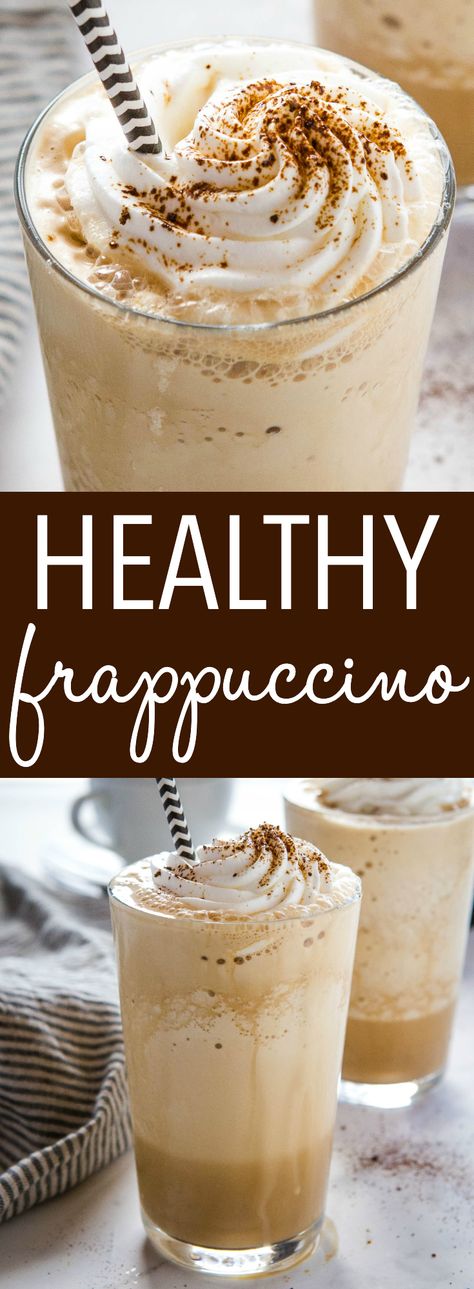 This Healthy Homemade Frappuccino is the perfect refreshing coffee drink that's easy to make in the blender! It's refined sugar free and under 150 calories per serving! Recipe from thebusybaker.ca! #frappuccino #starbucks #coffee #drink #summer #blender #dairyfree #healthy #lowfat #lowcarb #keto #vegan #healthyrecipe #easyrecipe via @busybakerblog Frozen Coffee Drinks, Blended Coffee Drinks, Frappuccino Starbucks, Coffee Recipe Healthy, Plating Food, Drinks Starbucks, Recipes Protein, Homemade Frappuccino, Frappe Recipe