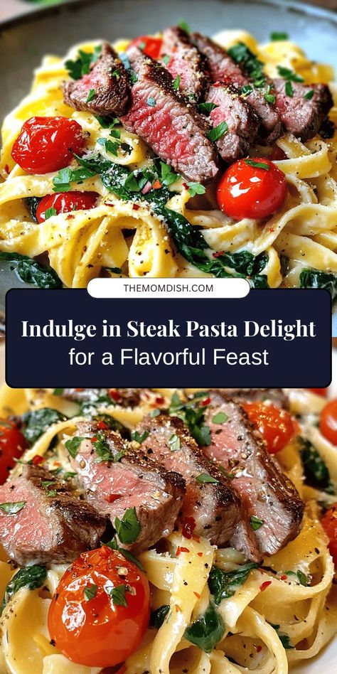 Indulge in the ultimate comfort food with Steak Pasta Delight! This gourmet dish combines tender sirloin steak and creamy pasta, creating a satisfying meal perfect for any occasion. With simple ingredients like fettuccine, heavy cream, garlic, and fresh tomatoes, you can whip up a restaurant-quality dinner in no time. Discover the secrets to achieving the perfect sear and a luscious sauce that will elevate your culinary skills. #SteakPastaDelight #ComfortFood #PastaLovers #CookingAtHom Steak Pasta Recipes Healthy, Steak Tips Dinner Ideas, Dinner With Sirloin Steak, Pasta Steak Recipes Dinners, Steak Tips And Pasta, Steak And Tomato Pasta, Pasta That Goes With Steak, Steak Asparagus Pasta, Steak Pesto Pasta