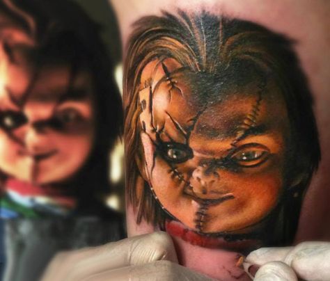 Chaki tattoo by Sergey Shanko Chucky Tattoos, Chucky Tattoo, Culture Tattoos, Knife Tattoo, Doll Tattoo, Chucky Doll, Movie Tattoos, Fusion Ink, Bride Of Chucky