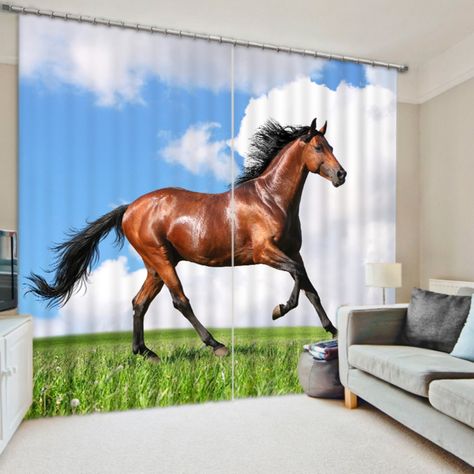 Elegant Horse Picture Curtain Set Horse Shower Curtain, 3d Clouds, Animal Print Curtains, 3d Curtains, Horse Running, Blackout Curtains Bedroom, Elegant Horse, Blue Sky Clouds, Kids Curtains