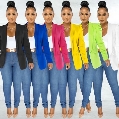 Colorful Blazers For Women, Green Blazer And Jeans Outfit, Yellow Blazer Outfit Business, Long Blazers For Women Classy, Ladies Blazer Outfits, Blazer With Jeans Women Classy, Jeans And Blazer Outfit Classy, Royal Blue Blazer Outfit, Blazer And Jeans Outfit Women