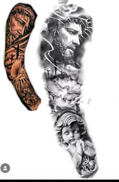 Full Arm Sleeve Tattoos For Guys, Sto Nino Tattoo, God Sleeve Tattoos For Men, 70x7 Forgiveness Tattoo, Roman Sleeve Tattoo, God Tattoo Sleeve, Men Full Sleeve Tattoo, Negative Shading Tattoo, Best Sleeve Tattoos Men