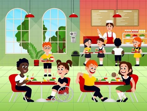 Free Vector | Children eating at cafeteria Restaurant Clipart, Student Clipart, Kids Going To School, Kids Cartoon Characters, School Illustration, School Images, School Cartoon, Happy Students, School Cafeteria