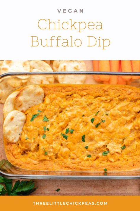 Chickpea buffalo dip in a glass dish with crackers and carrots. Vegan Buffalo Chickpea Dip, Vegan Pretzel Dip, Chick Pea Dip, Chickpea Dip Recipes, Vegan Dips For Parties, Chickpea Appetizer, Chickpea Buffalo, Buffalo Chickpea Dip, Vegan Buffalo Chicken Dip