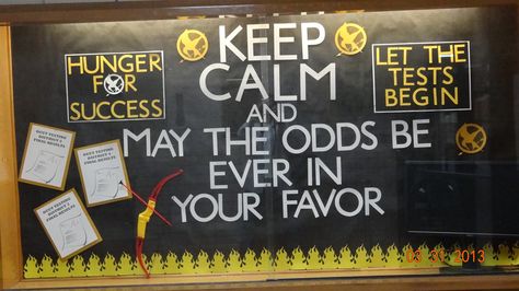 Bulletin Board I made for school testing week using Cricut and clipart playing off the theme from Hunger Games. Testing Bulletin Board Ideas, Bulletin Board Ideas Elementary, Testing Bulletin Boards, Testing Encouragement, Success Board, Testing Motivation, Library Bulletin Board, Library Bulletin Boards, School Testing