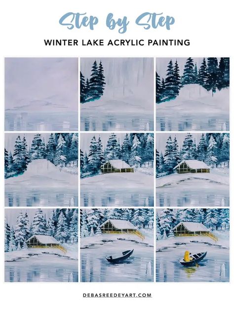 Winter Lake Acrylic Painting With Easy Steps - Step by Step Tutorial Lake Acrylic Painting, Misty Background, How To Start Painting, Ice Lake, Reflection Painting, Waterfall Paintings, Winter Lake, Lake Painting, Christmas Tree Painting