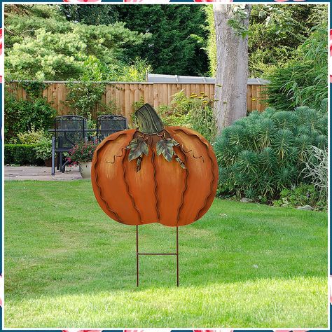 Metal Pumpkin Garden Stakes - Autumn Decorative Yard Signs - Indoor Outdoor Plant Flower Stake Fall Lawn Ornaments Pumpkin Decoration for Harvest Halloween (17.5"-A) Fall Lawn, Scarecrows For Garden, Outdoor Fall Decor Ideas, Fall Garden Decor, Disney Pumpkin Carving, Pumpkin Garden, Porch Pumpkins, Metal Pumpkins, Small Front Yard