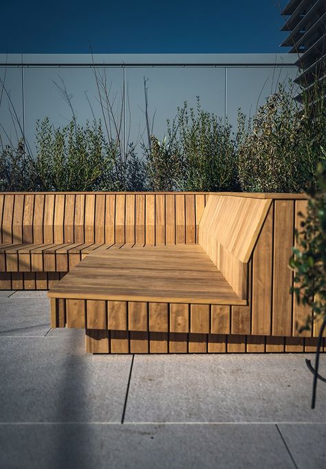 Terrace Furniture - Rooftop Bench - Johnson Bespoke . Head to our website to see the full project! #terracefurniture #terracedesign #gardenbench #luxury #wood Custom Bench Seating, Terrace Furniture, Side Return, Marble Arch, Timber Furniture, Terrace Design, Roof Terrace, Rooftop Terrace, Wood Bench