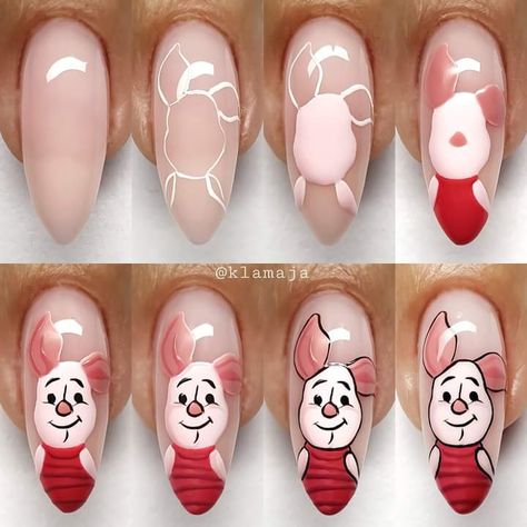 Whinney Pooh Nails, Piglet Nail Art, Character Nail Art Step By Step, Easter Nails Designs, Brown Nail Designs, Cartoon Nail Designs, Animal Nail Designs, Summer Nails Art, Disney Acrylic Nails