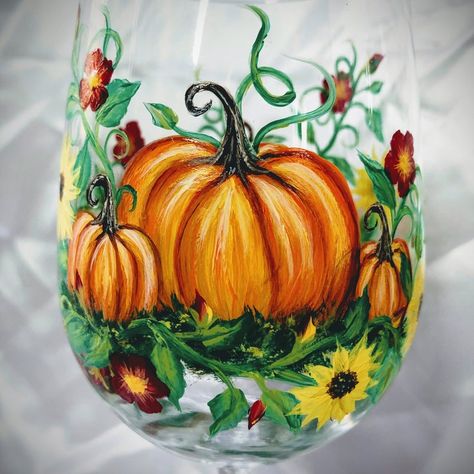 Fall Pumpkin Harvest hand painted wine glasses | Etsy Fall Glasses, Fall Wine Glasses, Wine Glasses Painted, Painting Bottles, Wine And Paint Night, Wine Glass Candle Holder, Paint And Drink, Painting Glass Jars, Thanksgiving Wine