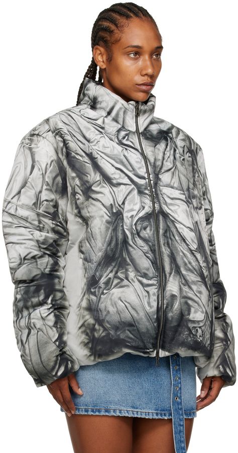 Insulated polyester taffeta puffer jacket. Trompe l'œil graphic printed throughout. · Paneled construction · Stand collar · Two-way zip closure · Seam pockets · Concealed bungee-style drawstring at elasticized hem · Elasticized cuffs · Rubberized logo patch at back collar · Welt pocket at interior · Full taffeta lining Supplier color: White Neighborhood Clothing, Y Project, Puffer Jacket Women, Print Jacket, Puffer Jacket, Jacket Outfits, Stand Collar, Outerwear Jackets, Mens Coats