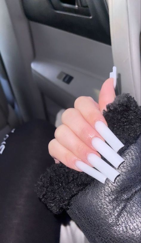 Glittery Acrylic Nails, Long French Tip Nails, Long White Nails, Acrylic Nail Designs Coffin, Fye Nails, Nails Collection, Acrylic Toes, Plain Nails, Duck Nails