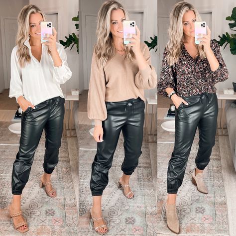 Paris Fall Outfits, Jogger Outfit Casual, Faux Leather Pants Outfit, Leather Dress Outfit, Faux Leather Joggers, Leather Jogger Pants, Jogger Pants Outfit, Pants Outfit Fall, Leather Pants Outfit