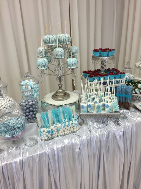 Cinderella Dessert Table Sweets, Light Blue Candy Table, Frozen Candy Table Ideas, Dusty Blue Candy Table, Frozen Birthday Party Dessert Table, Snowflake Dessert Table, Baby Blue Dessert Table, Something Blue Dessert Table, Light Blue Dessert Table