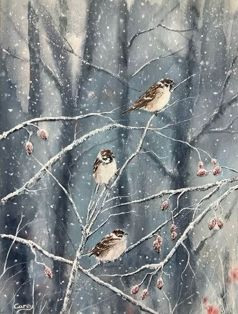 Winter Birds Painting, Winter Watercolor Paintings, Painting Winter Scenes, January Painting, Watercolour Winter, 1940s Christmas, Birds In Winter, Winter Scene Paintings, Snow Painting