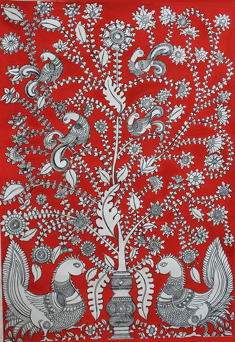 Indian Folk Art Madhubani, Folk Art Madhubani, Traditional Wedding Card, Tree Of Life Drawing, Drawing Texture, Painting Indian, Gond Painting, Persian Art Painting, Kerala Mural Painting