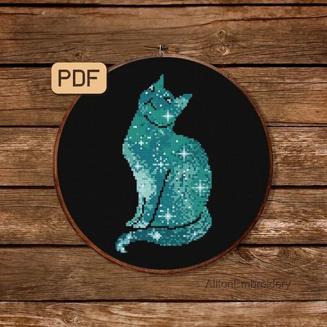 Galaxy Cross, Stitch Witchery, Xstitch Patterns, Galaxy Cat, Cat Cross Stitch Pattern, Beautiful Cross Stitch, Cat Cross Stitch, Animal Embroidery, Stitch Art