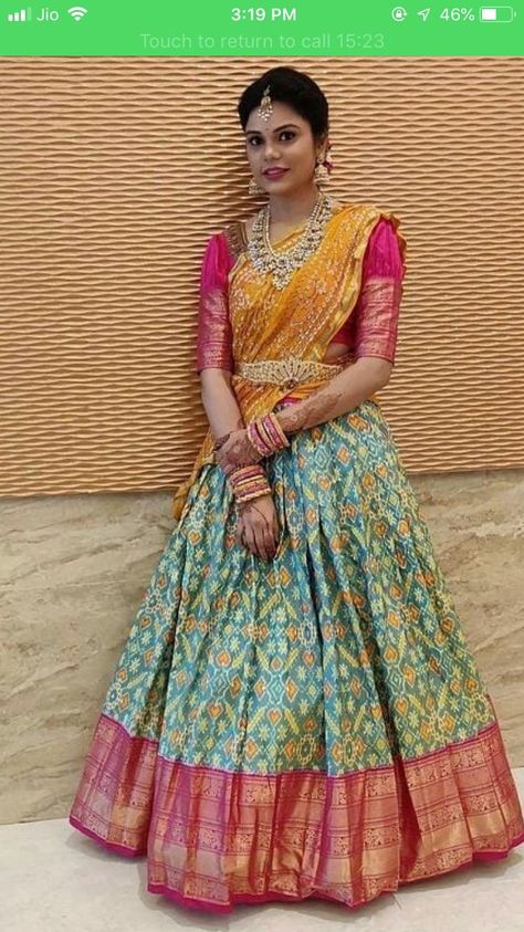 Pavadai Thavani, Pink Half Sarees, Half Saree Function, Ikkat Dresses, Lehenga Saree Design, Half Saree Lehenga, Indian Outfits Lehenga, Saree Blouse Neck Designs, Lehnga Dress