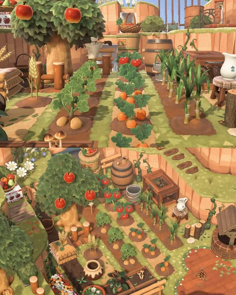 Acnh Forest Island Ideas, Acnh Cottagecore Farm, Acnh Natural Town, Farms Acnh, Acnh Small Orchard, Animal Crossing Old Town, Town Hall Animal Crossing Ideas, Orchard Animal Crossing, Nooks Cranny Design Acnh