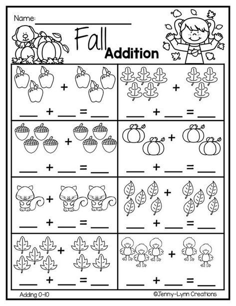 Fall Addition By Jenny-lynn Creations Pre K Addition Worksheet, Fall Math Worksheets Kindergarten, Tk Math Worksheets, Fall Addition Worksheets Free, Fun Math Worksheets For Kindergarten, Mathematics Worksheets For Kindergarten, Kindergarten Addition Worksheets Free, Maths Worksheets For Kindergarten, Preschool Addition Worksheets