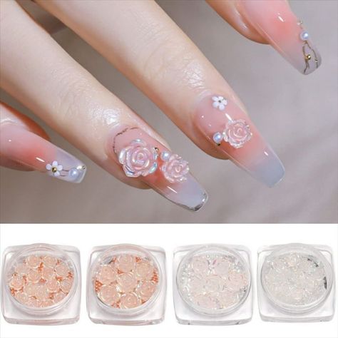 3D Flower Nail Charms 4 Boxes of Colorless Rose Accessories with Pearls and Caviar Beads 2 Sizes Light Change Red Pink for DIY Acrylic Nail Art Decorative Supplies Flower Nail Charms, Rose Accessories, Nail Store, 3d Flower Nails, Diy Acrylic Nails, Korean Nails, Nail Art Stickers Decals, 3d Rose, Flower Nail