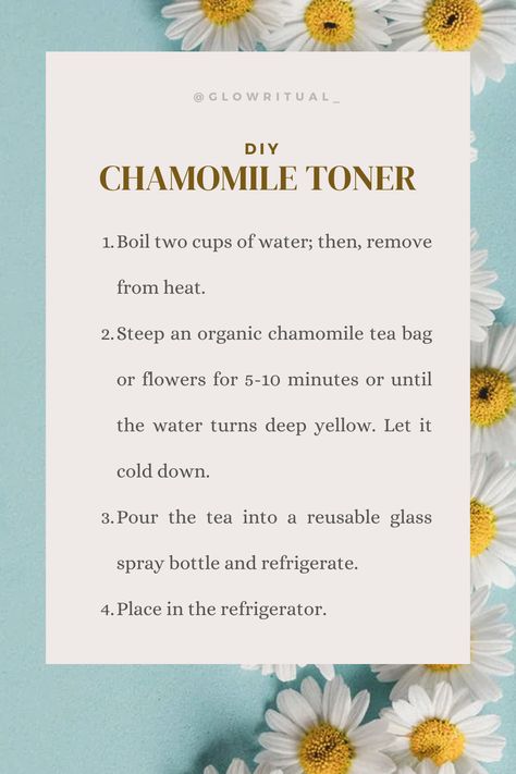 Chamomile is renowned for its anti-inflammatory and antioxidant properties, promoting skin health and soothing irritations. The gentle nature of chamomile makes it perfect for calming redness and sensitive skin. Create your own soothing chamomile toner with just a few simple steps. Chamomile For Skin, Chamomile For Hair, Chamomile Skin Benefits, Apple Cider For Face, Bathing Culture, Diy Skin Toner, Chamomile Oil, Chamomile Essential Oil, Diy Cosmetics