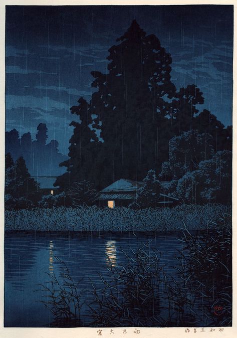 Night Rain at Omiya; Kawase Hasui; 1930 Kawase Hasui, Japanese Art Modern, Night Illustration, Night Rain, Japanese Art Prints, Japanese Artwork, Japon Illustration, Japanese Woodblock, Eastern Art