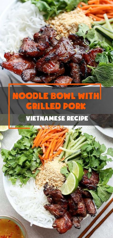 Vermicelli noodles topped with chargrilled pork, crunchy veggies, lime and peanuts. A healthy and light meal bursting with freshness and packed with so much yum! Vietnamese Noodle Bowl is the epitome of great flavor and texture. #Vietnamese #Recipes #Pork Vermicelli Noodle Bowl, Pork Noodle Bowl, Vietnamese Noodle Bowl, Vietnamese Vermicelli, Vietnamese Recipe, Vietnamese Noodle Salad, Vietnamese Grilled Pork, Vermicelli Recipes, Crunchy Veggies