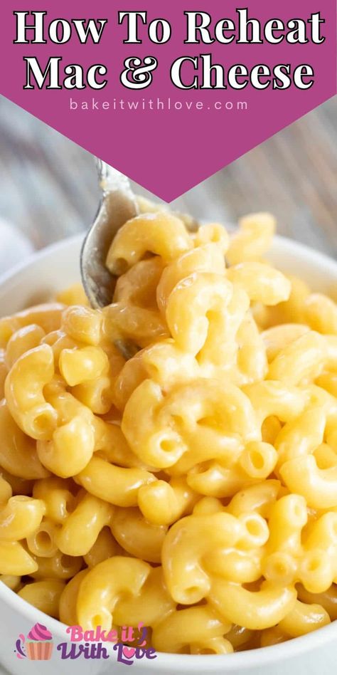 Here's how to reheat macaroni & cheese using several different methods so your leftovers are just as tasty as when they were first made! Whether your mac and cheese was in the fridge or even frozen, I will walk you through how to best reheat it! These tips and tricks are guaranteed to return your dish to its former cheesy and gooey glory! BakeItWithLove.com How To Reheat Mac And Cheese, How To Reheat Mac And Cheese In The Oven, Macaroni Leftovers, Leftover Mac And Cheese Recipes, Leftover Mac And Cheese, Kraft Mac N Cheese, Crockpot Mac And Cheese, Bake Mac And Cheese, Best Macaroni And Cheese