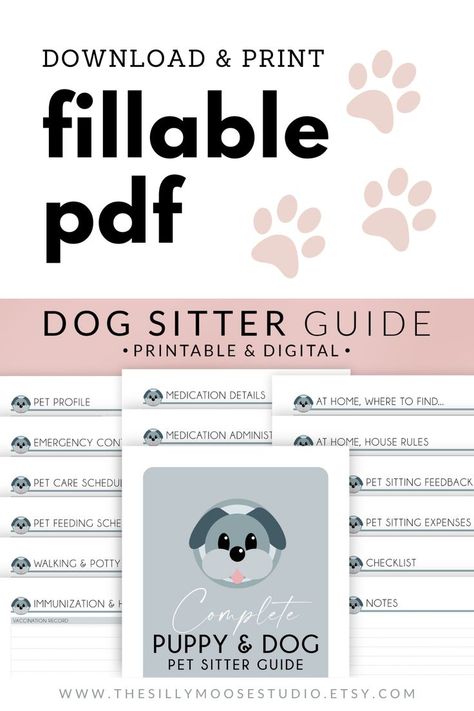 Dog Sitter Guide - Printable, Fillable PDF Pet Sitting Forms, Dog Sitting Business, Pet Care Printables, Printable Dog, Medication For Dogs, Pet Organization, Welcome Packet, Emergency Contact, Dog Info