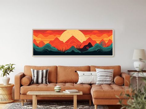 Minimalist Mountain, Long Horizontal Retro Psychedelic Art, 1970's Poster, Panoramic Artwork, Boho Wall Art, Long Narrow Decor Wide Wall Art Long Canvas Painting Ideas Easy, Long Paintings Horizontal, Drawing Room Paint, Horizontal Paintings, Horizontal Artwork, Horizontal Art, Meaningful Paintings, Minimalist Mountain, Horizontal Painting