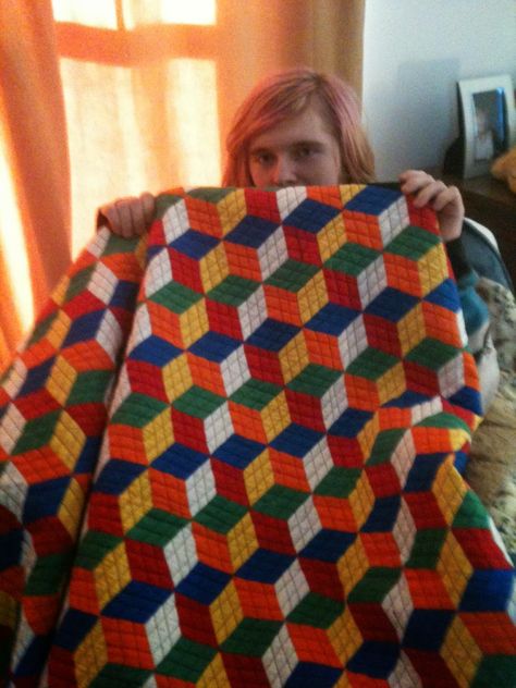 Rubik's Cube Quilt made with Quiltsmart Tumbling Blocks Pattern Cube Quilt Pattern, Cube Quilt, Tumbling Blocks Pattern, Rubiks Cube Patterns, Tumbling Blocks Quilt, Rubix Cube, Tumbling Blocks, Cube Pattern, Rainbow Quilt