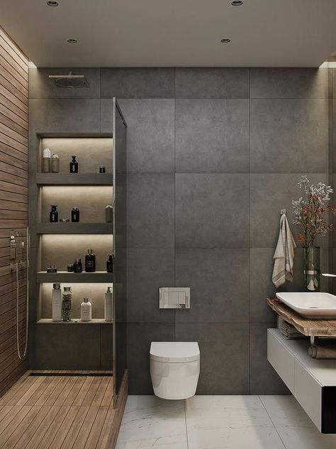 Grey Bathroom Ideas, Design Interior Baie, Design Interior Modern, Bathroom Interior Design Modern, Grey Bathroom Tiles, Small Toilet Room, Sleek Bathroom, Tile Remodel, Grey Bathroom