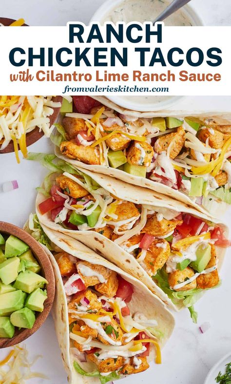 These easy Ranch Chicken Tacos are drizzled with a delicious cilantro lime ranch taco sauce and loaded with toppings. These fun, flavorful tacos are made on the stove in about 30 minutes! Southwest Ranch Chicken Tacos, Chicken Tacos Sauce, Chicken Bacon Ranch Tacos, Chicken Taco Sauce Recipe, Cool Ranch Chicken Tacos, Chicken Taco Sauce, Chicken Tender Tacos, Southwest Chicken Tacos, Taco Ranch Chicken