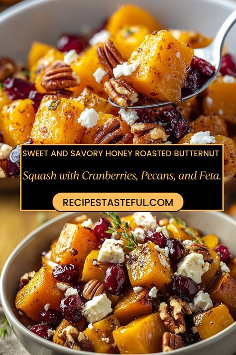 This delicious dish combines the sweetness of roasted butternut squash with tart cranberries, crunchy pecans, and creamy feta cheese. Perfect as a side for any meal, it’s a delightful blend of flavors and textures that will impress your family and guests alike. Butternut Squash Feta Cranberries, Butternut Squash With Feta And Cranberry, Roasted Butternut Squash Cranberries, Squash Cranberry Feta, Rosemary Butternut Squash, Roasted Butternut Squash With Pecans, Butternut Squash Pecans Cranberries, Butternut Squash Pecan Recipes, Squash And Cranberry Recipes