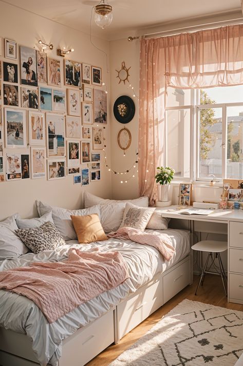 Dorm Room Inspo Pink And White, Pink College Room Ideas, Art Theme Room Ideas, White Metal Frame Bedroom Ideas, Day Bed Inspo Aesthetic, Dorm Bed Aesthetic, Room Ideas White Aesthetic, Dorm Room Ideas Cottagecore, Cute Teenage Room Ideas