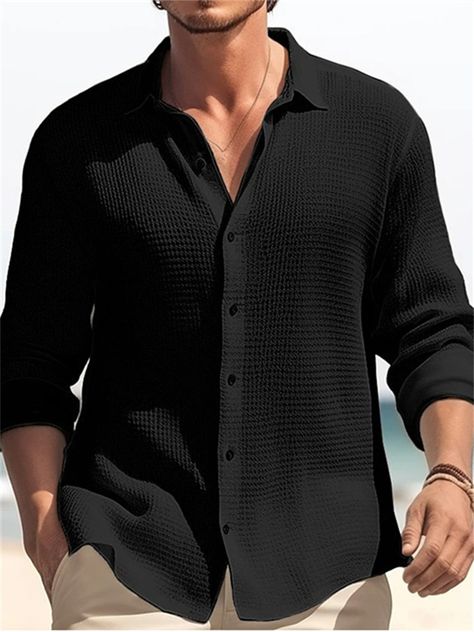 Waffle Shirt, Shirt Casual Style, Vetements T Shirt, Mens Costumes, Long Sleeve Casual, Summer Shirts, Long Sleeve Shirt, Casual Tops, Black Shirt