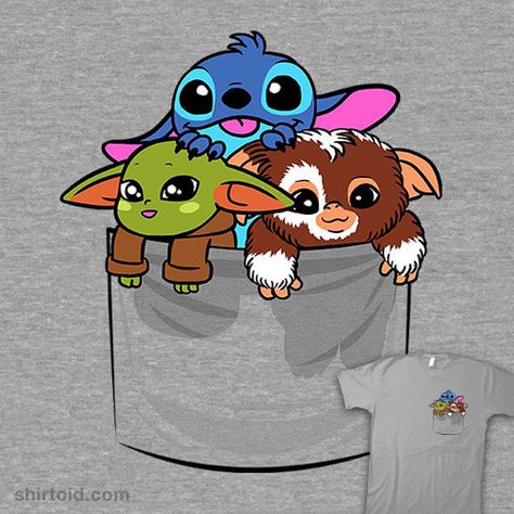 Kawaii Pocket | Shirtoid #film #gizmo #gremlins #kawaii #liloandstitch #movies #pocket #sarahrichford #starwars #stitch #techranova #thechild #themandalorian #yoda Cartoon Characters, Kawaii