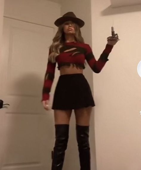 Female Custome Ideas, Halloween Costumes With Black Mini Skirt, Freddy Krueger Female Costume, Slasher Costumes Women, Freddy Cougar Costume Women, Halloween Costume Black Skirt, Halloween Costume Horror Movie, Black Mini Skirt Halloween Costume, Halloween Costumes With Skirts