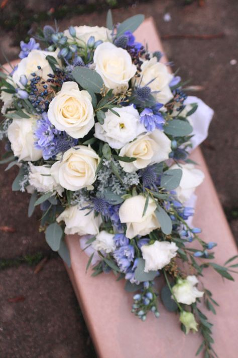 Bridal Bouquet Teardrop, Delphinium Wedding Bouquet, Blue Delphinium Wedding, Bouquet Wedding Roses, Thistle Bouquet, Delphinium Blue, Teardrop Bouquet, Lilac Bouquet, Cascading Wedding Bouquets