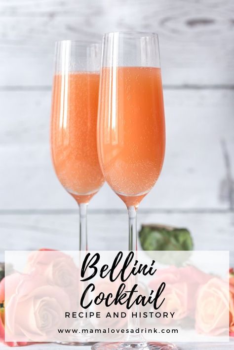 Bellini Cocktail: history and recipe | mamalovesadrink.com Prosecco Recipes, Cocktail History, Bellini Cocktail Recipes, Cocktail Recipes For A Crowd, Tasty Peach, Boozy Treats, Sparkling Wine Cocktails, Onehope Wine, Bellini Cocktail