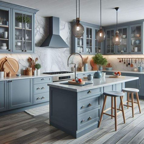 Blue Kitchen Cabinets Gray Floors, Blue Grey Walls Kitchen, Grey Blue Kitchen Ideas, Blue Kitchen Grey Floor, Dusky Blue Kitchen, Dusty Blue Kitchen Cabinets, Grey Blue Kitchen Cabinets, Dusty Blue Kitchen, Slate Blue Kitchen