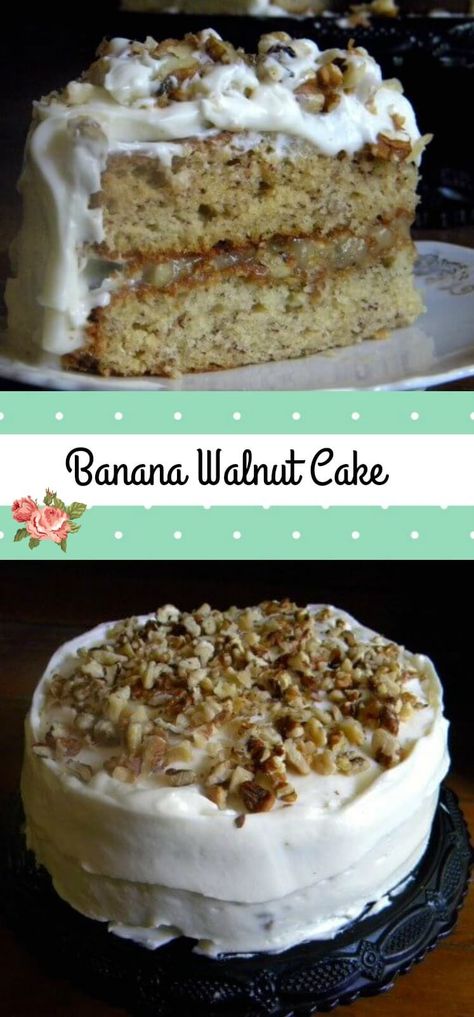 Banana walnut cake with cream cheese frosting is an old fashioned layer cake that stays moist for days - Gooey walnut caramel filling Romanian Walnut Buttercream Cake, Banana Layer Cake Recipe, Banana Walnut Cake, Banana Walnut, Layer Cake Recipes, Walnut Cake, Banana Dessert, Cake Fillings, Dessert Dishes