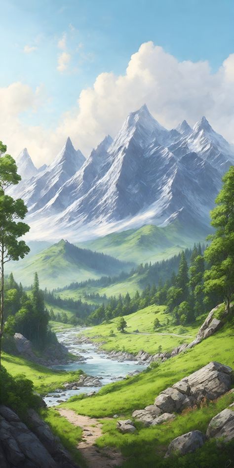 Picture a big mountain area with a curvy path going through it. The path leads you around rocks and up and down small hills. Sunlight makes shadows on the path and mountains. Big Landscape Paintings, Fantasy Mountain Art, Fantasy Mountains, Hills Illustration, Forest Mountain Landscape, Sunlight Painting, Hills Wallpaper, Anime Locations, Mountain Path