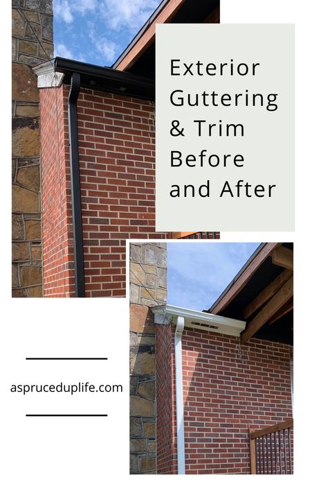 Charcoal Brick Exterior, Black Soffit And Fascia Red Brick, Painting Gutters And Trim, Dark Gutters On Brick House, Brown Gutters On House, Black Gutters Red Brick House, Black Gutters White House, Black Gutters Gray House, Brick House With Black Trim