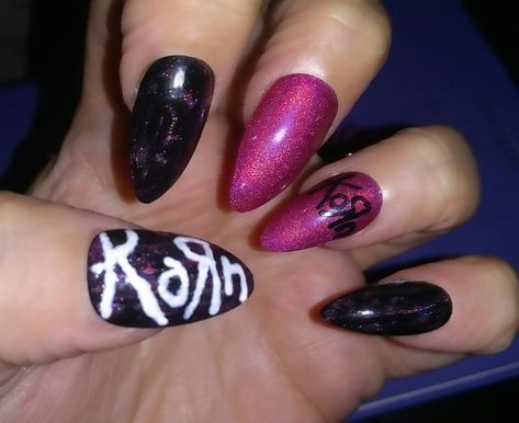 Mall Goth Nails Acrylic, Metal Head Nails, Korn Nail Ideas, Korn Band Nails, Korn Nail Art, Korn Nail, Queen Inspired Nails, Scene Kid Nails, Punk Nail Designs