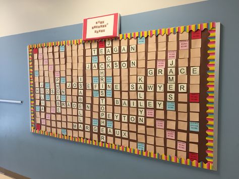 Scrabble bulletin board Scrabble Bulletin Board, Board Classroom, 4th Grade Classroom, Bulletin Board Display, Pep Rally, Classroom Bulletin Boards, Game Themes, Classroom Displays, School Themes