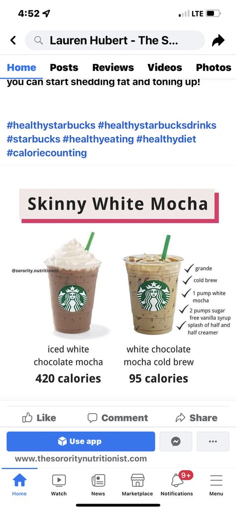 Low Cal White Chocolate Mocha Starbucks, Healthy White Chocolate Mocha Starbucks, Low Calorie White Mocha Starbucks, Starbucks Tips, Ww Coffee, Sugar Free Starbucks Drinks, Low Calorie Starbucks Drinks, Healthy Coffee Drinks, Low Carb Starbucks Drinks