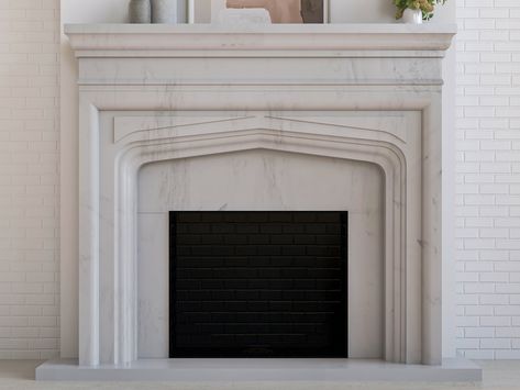 Revival shown in Danby Marble Transitional Fireplaces, Limestone Mantle, Marsh House, Beautiful Fireplaces, Mosaic Fireplace, Carved Fireplace, Tudor Home, Mantle Ideas, Classic Fireplace